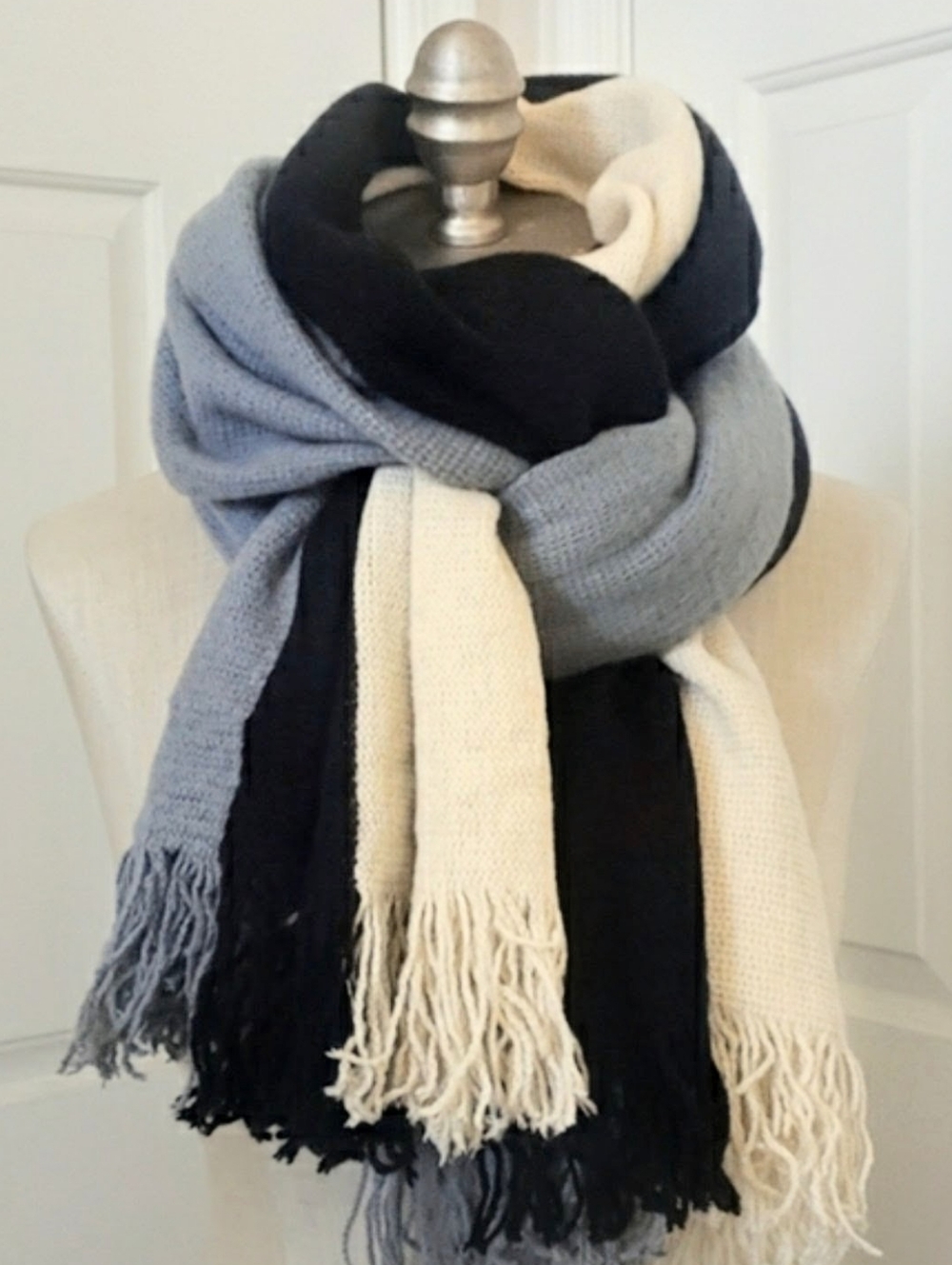 Anthropologie DONNI Oversized Colorblock Scarf | Black Gray Cream Striped Fringe